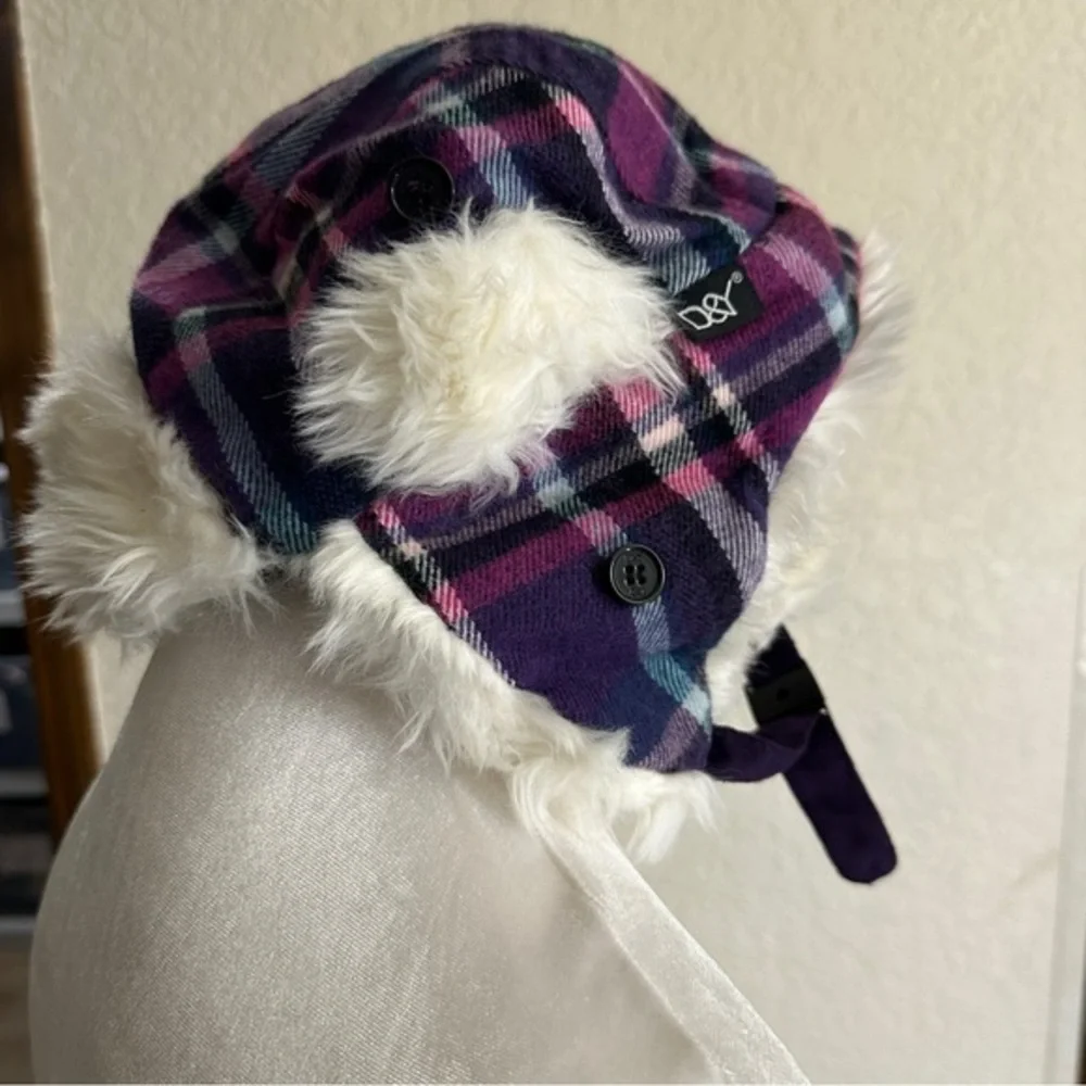 Beadz‎ 'N Bagz Trapper Hat Women OS Purple Plaid Faux Fur NEW